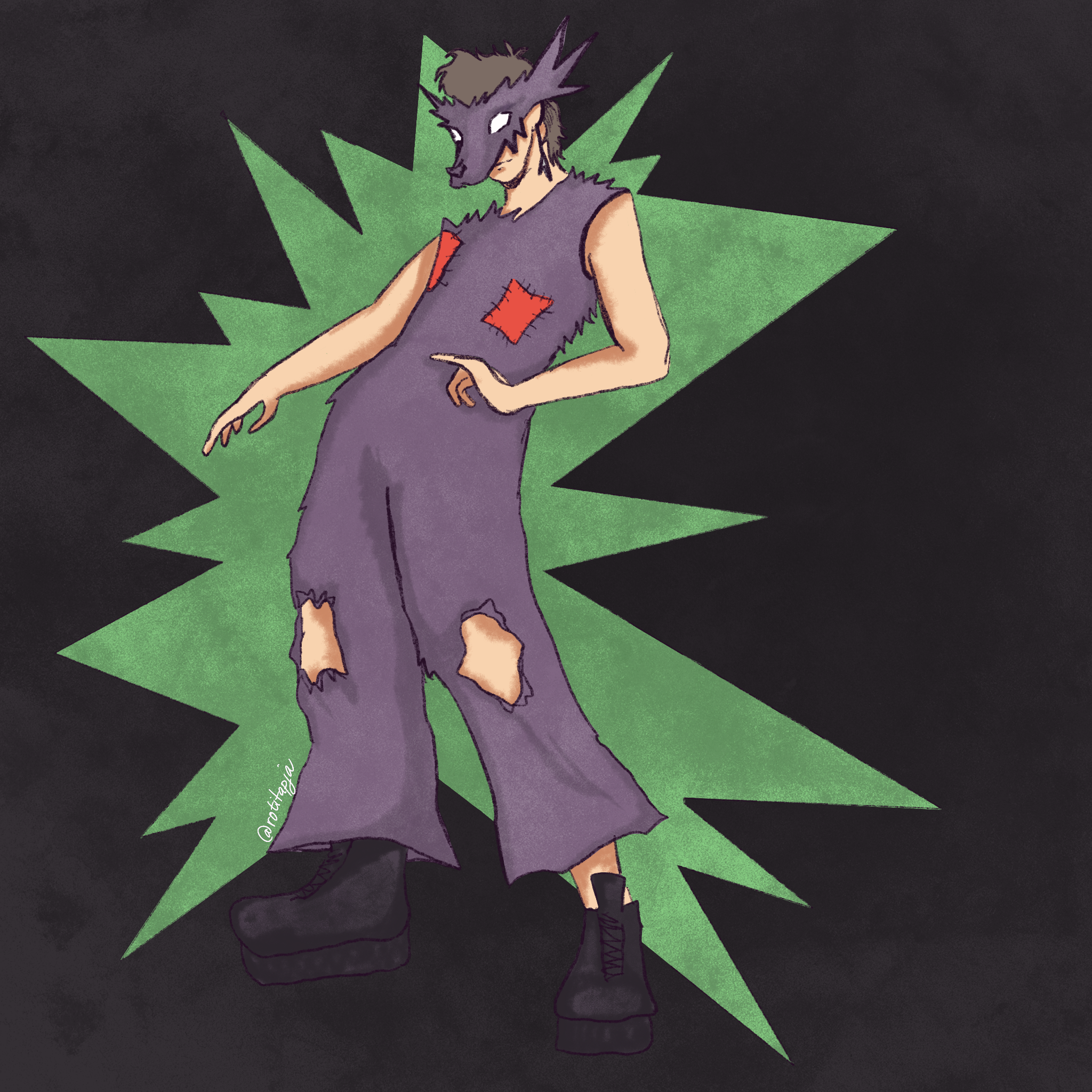 Drawing of a character with white skine and brown hair in a gray jumpsuit, boots and a sharp edged rat mask. The background has green and black spikes in a circular shape